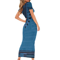 Blue African Dashiki With Fijian Tapa Pattern Short Sleeve Bodycon Dress