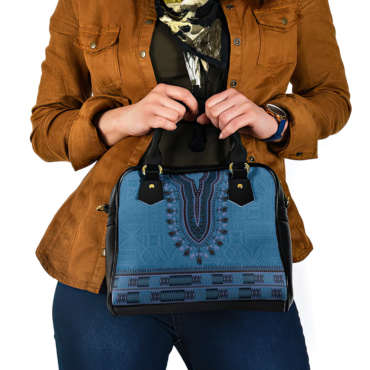 Blue African Dashiki With Fijian Tapa Pattern Shoulder Handbag