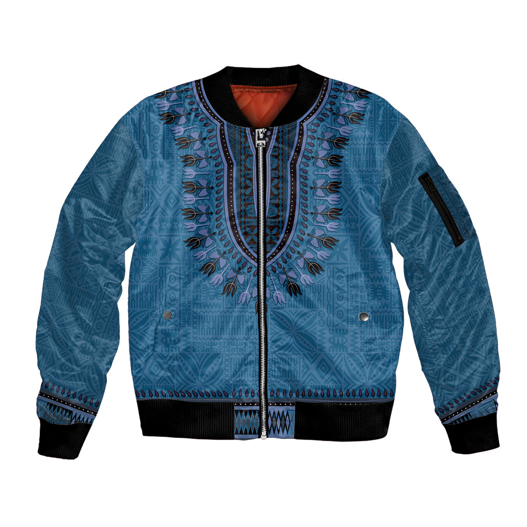 Blue African Dashiki With Fijian Tapa Pattern Sleeve Zip Bomber Jacket