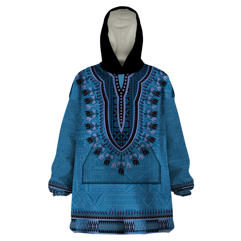 Blue African Dashiki With Fijian Tapa Pattern Wearable Blanket Hoodie