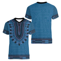 Blue African Dashiki With Fijian Tapa Pattern Women V-Neck T-Shirt