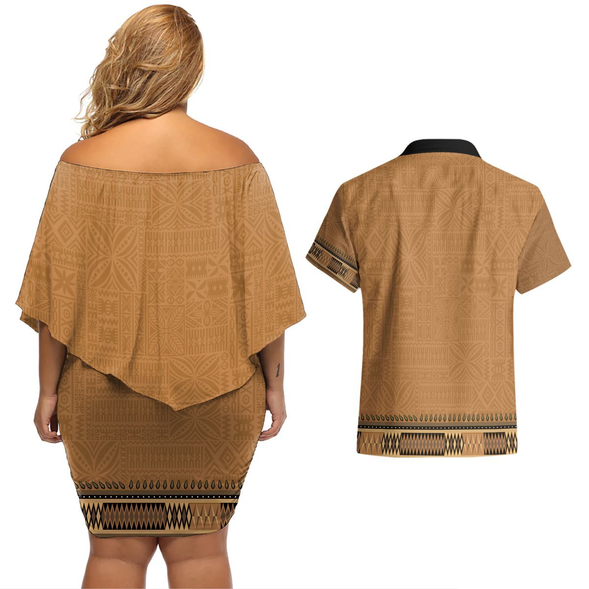 Brown African Dashiki With Fijian Tapa Pattern Couples Matching Off Shoulder Short Dress and Hawaiian Shirt LT14 - Polynesian Pride