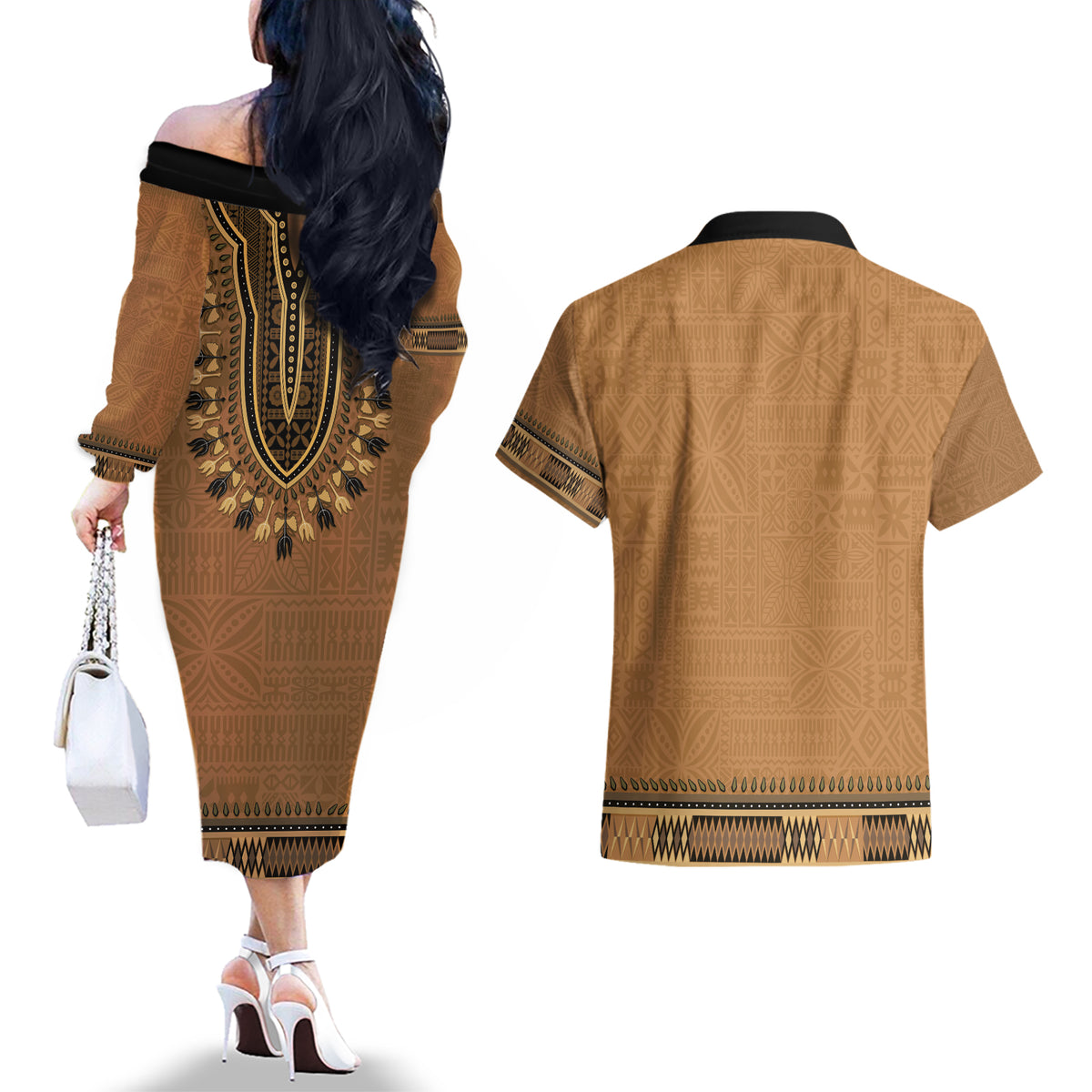Brown African Dashiki With Fijian Tapa Pattern Couples Matching Off The Shoulder Long Sleeve Dress and Hawaiian Shirt
