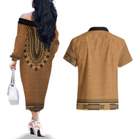 Brown African Dashiki With Fijian Tapa Pattern Couples Matching Off The Shoulder Long Sleeve Dress and Hawaiian Shirt
