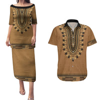 Brown African Dashiki With Fijian Tapa Pattern Couples Matching Puletasi and Hawaiian Shirt