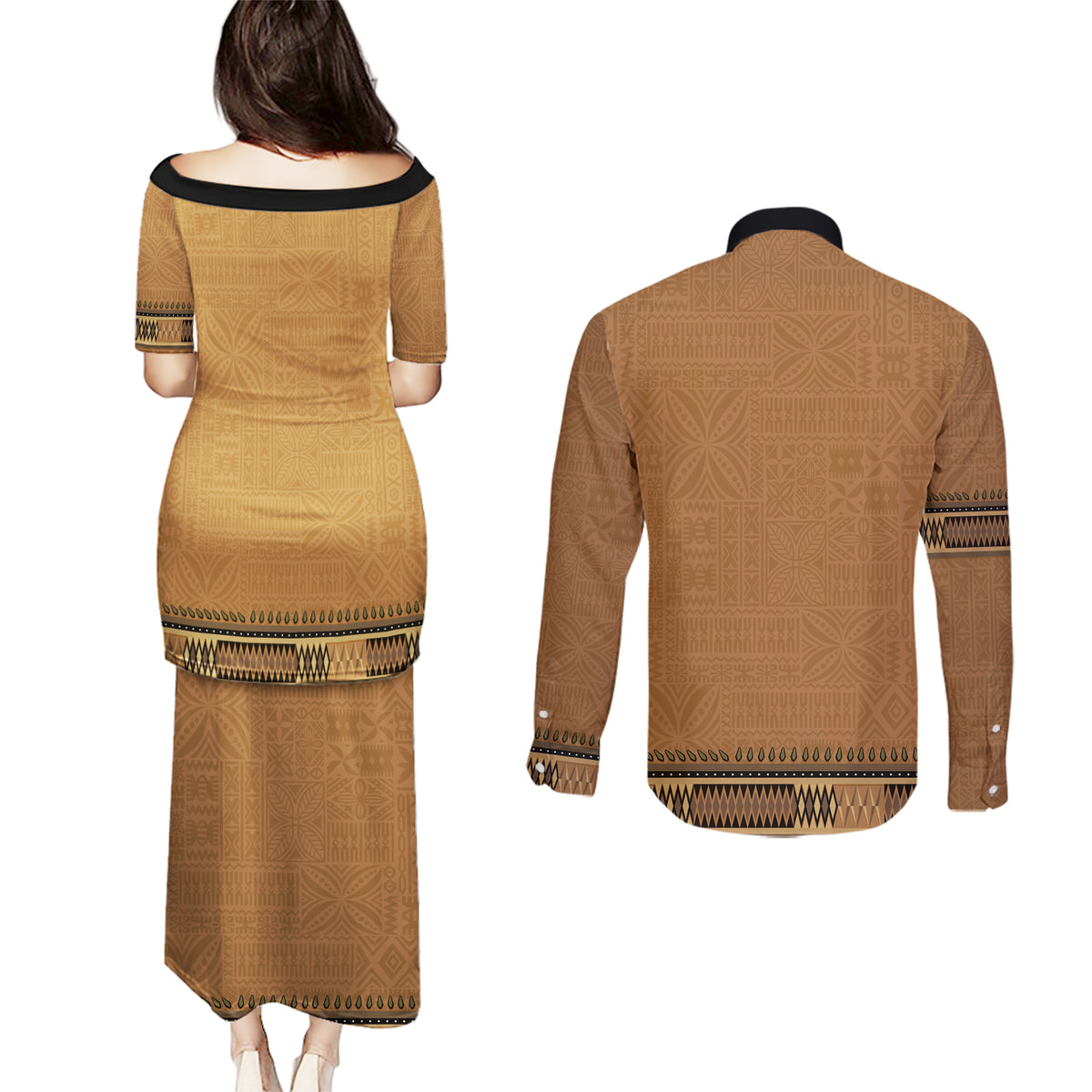 Brown African Dashiki With Fijian Tapa Pattern Couples Matching Puletasi and Long Sleeve Button Shirt