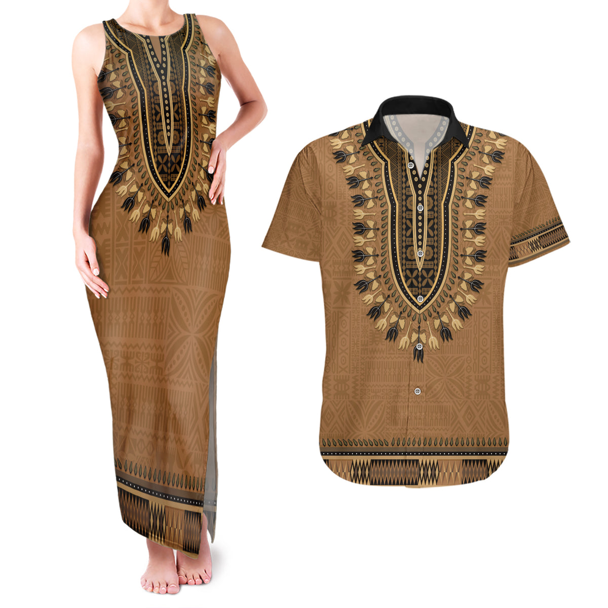 Brown African Dashiki With Fijian Tapa Pattern Couples Matching Tank Maxi Dress and Hawaiian Shirt