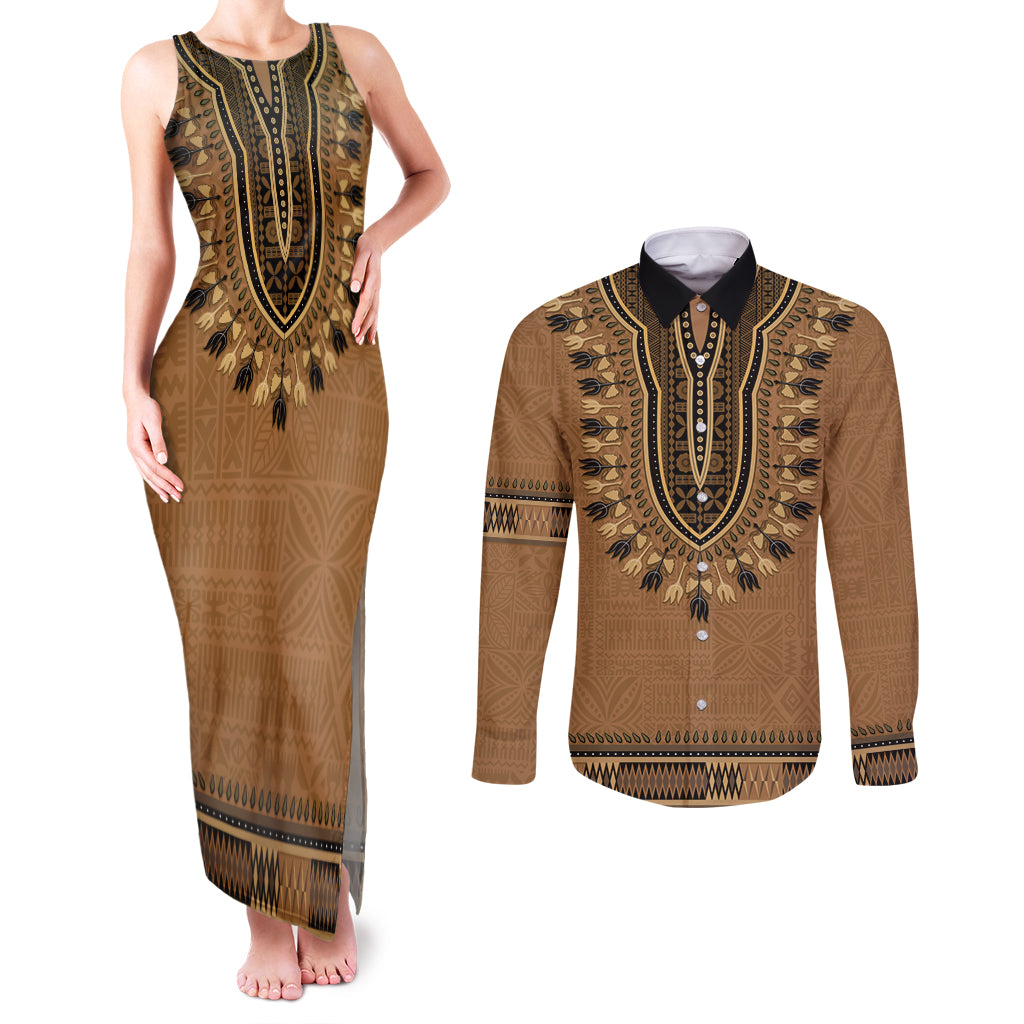Brown African Dashiki With Fijian Tapa Pattern Couples Matching Tank Maxi Dress and Long Sleeve Button Shirt