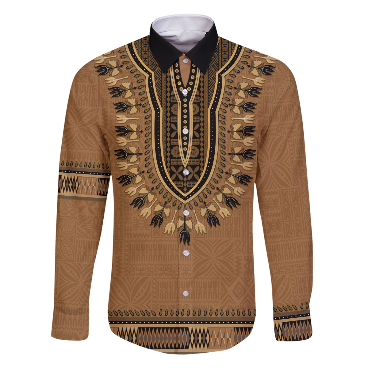 Brown African Dashiki With Fijian Tapa Pattern Family Matching Mermaid Dress and Hawaiian Shirt LT14 Dad's Shirt - Long Sleeve Brown - Polynesian Pride