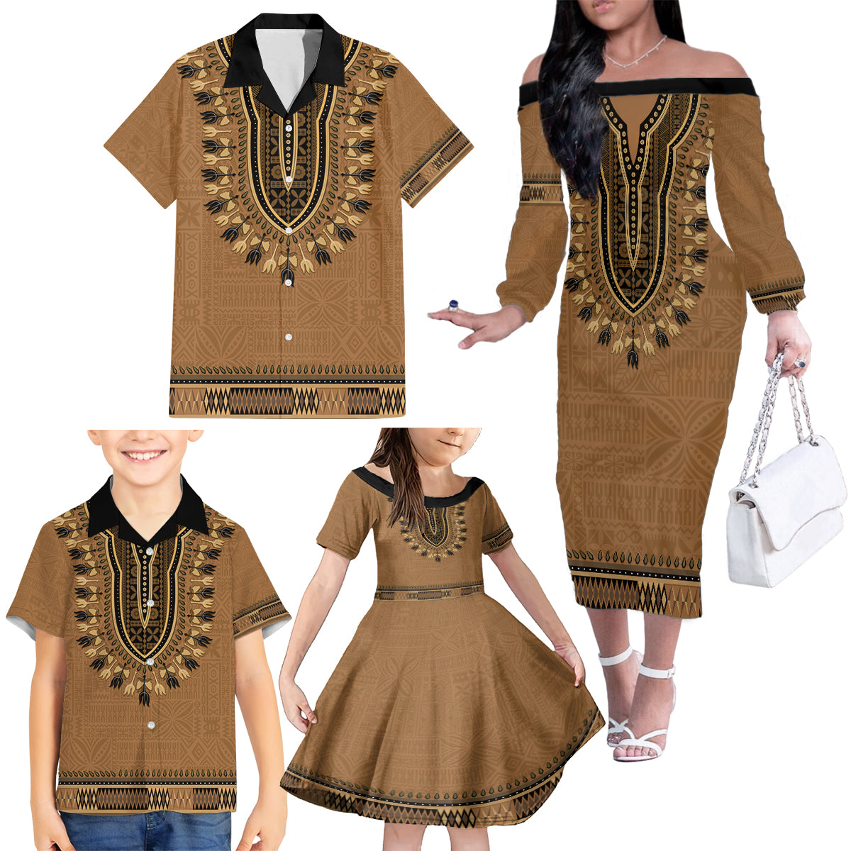 Brown African Dashiki With Fijian Tapa Pattern Family Matching Off The Shoulder Long Sleeve Dress and Hawaiian Shirt