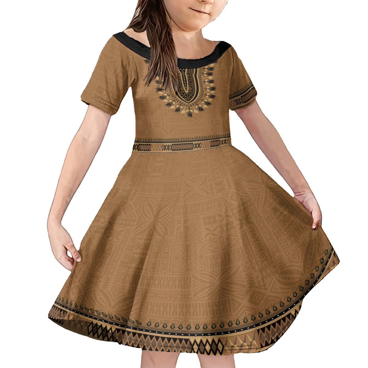 Brown African Dashiki With Fijian Tapa Pattern Family Matching Off Shoulder Short Dress and Hawaiian Shirt