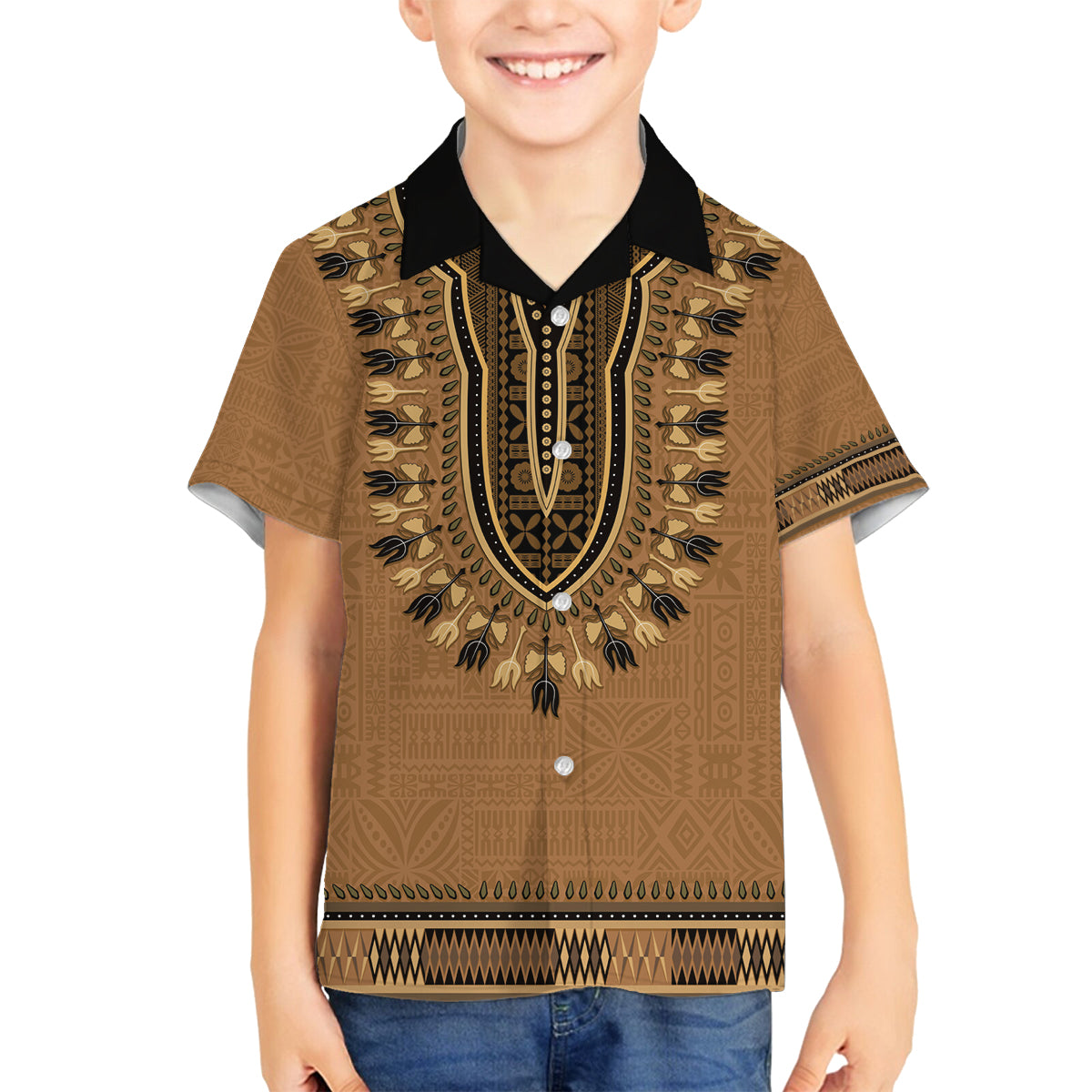 Brown African Dashiki With Fijian Tapa Pattern Family Matching Off Shoulder Short Dress and Hawaiian Shirt