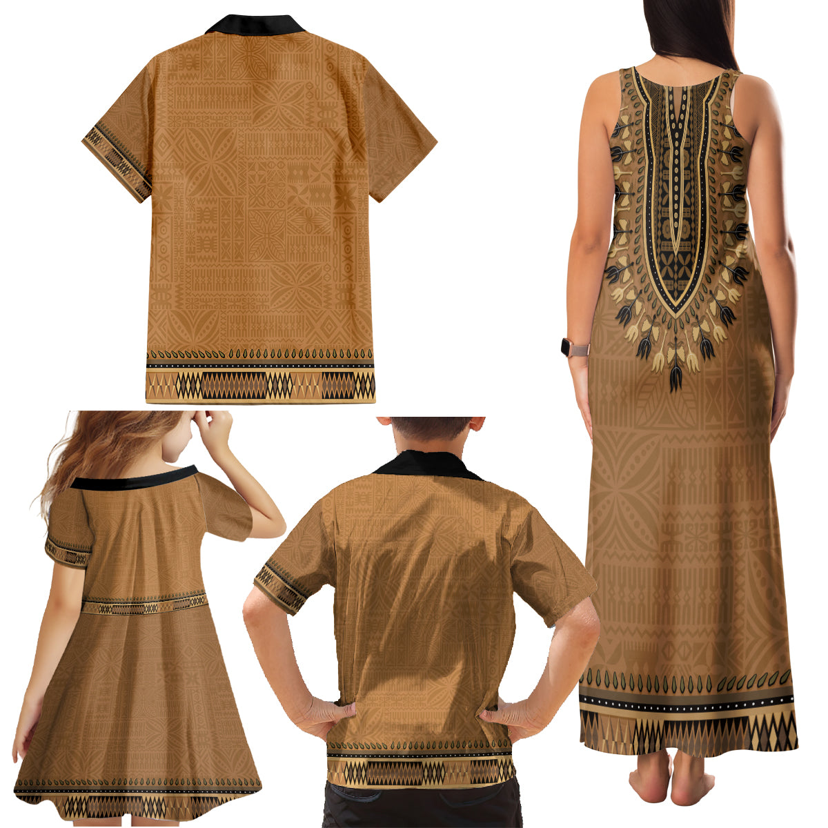 Brown African Dashiki With Fijian Tapa Pattern Family Matching Tank Maxi Dress and Hawaiian Shirt