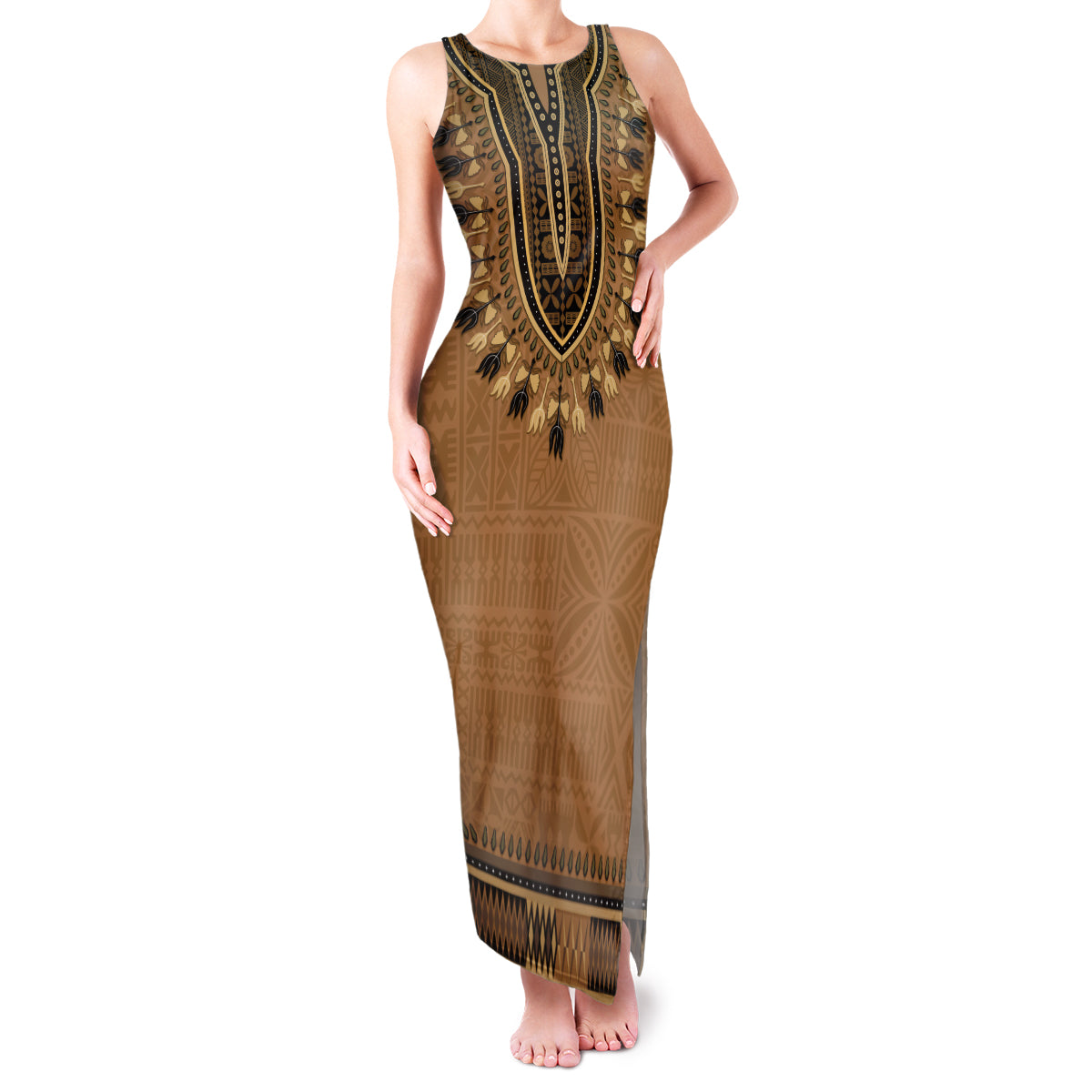 Brown African Dashiki With Fijian Tapa Pattern Family Matching Tank Maxi Dress and Hawaiian Shirt