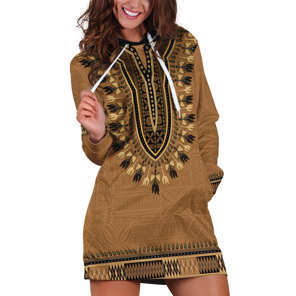 Brown African Dashiki With Fijian Tapa Pattern Hoodie Dress