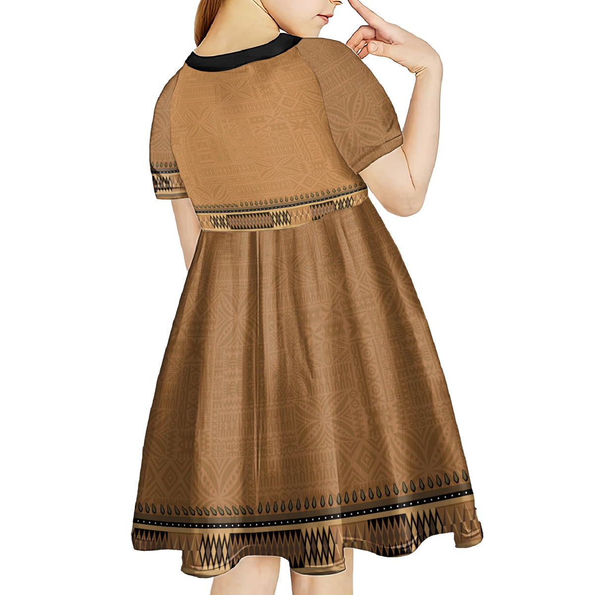 Brown African Dashiki With Fijian Tapa Pattern Kid Short Sleeve Dress