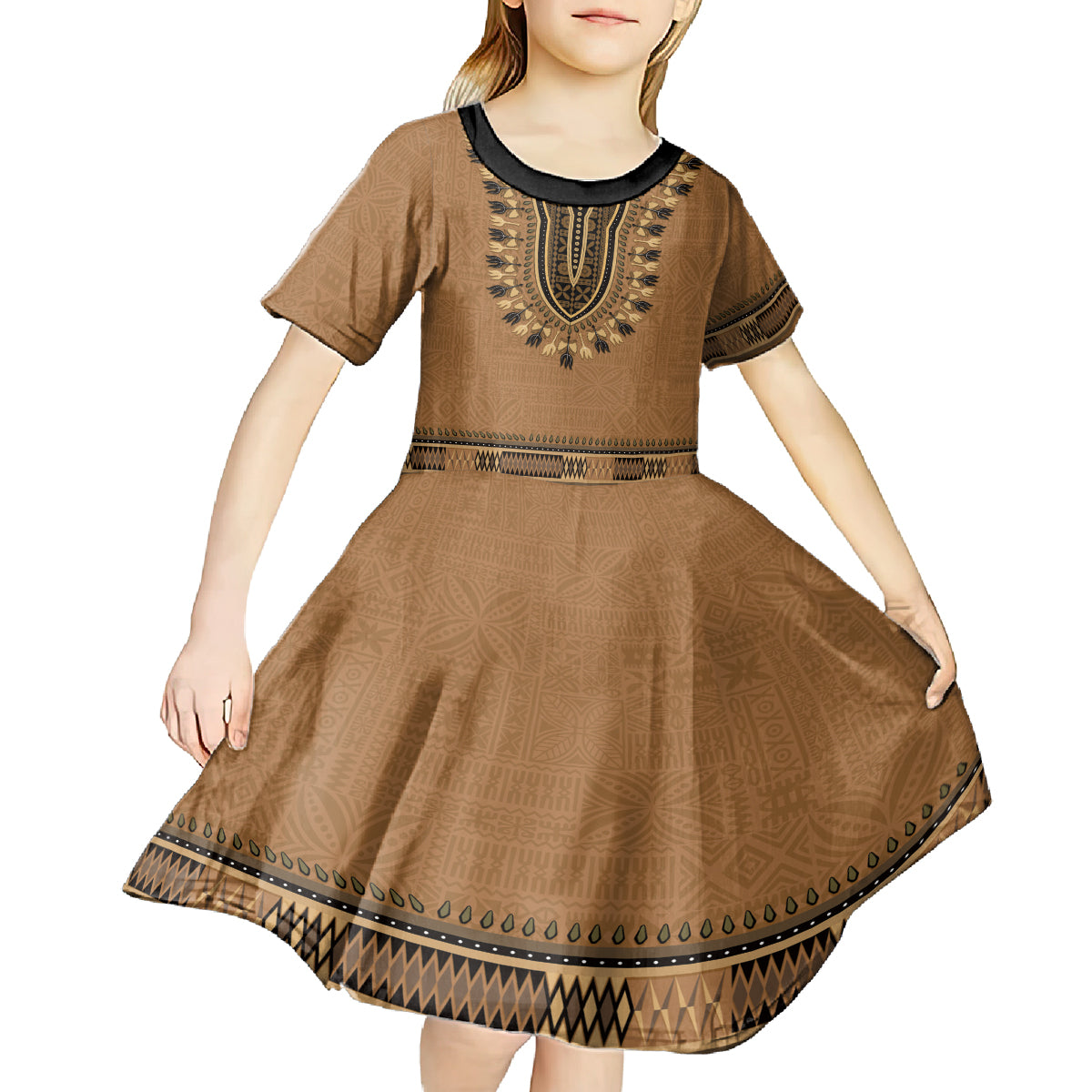Brown African Dashiki With Fijian Tapa Pattern Kid Short Sleeve Dress