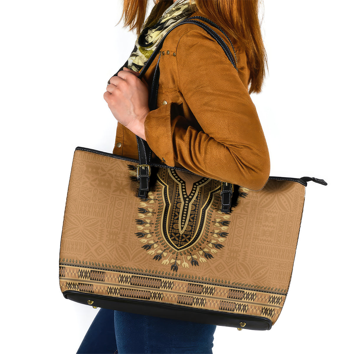 Brown African Dashiki With Fijian Tapa Pattern Leather Tote Bag