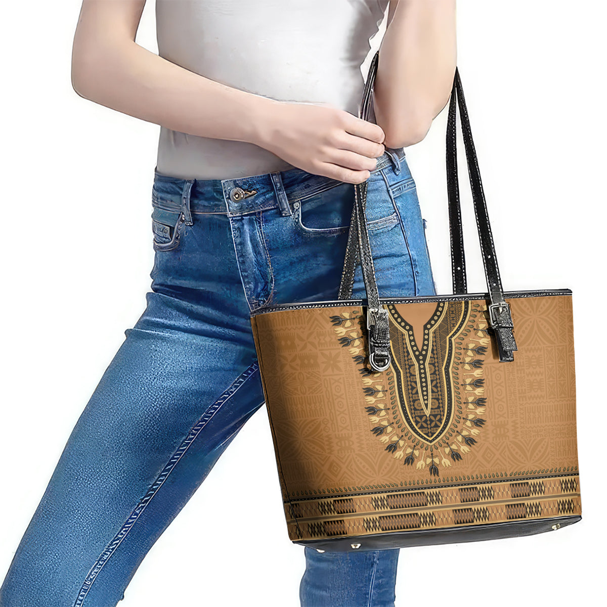Brown African Dashiki With Fijian Tapa Pattern Leather Tote Bag