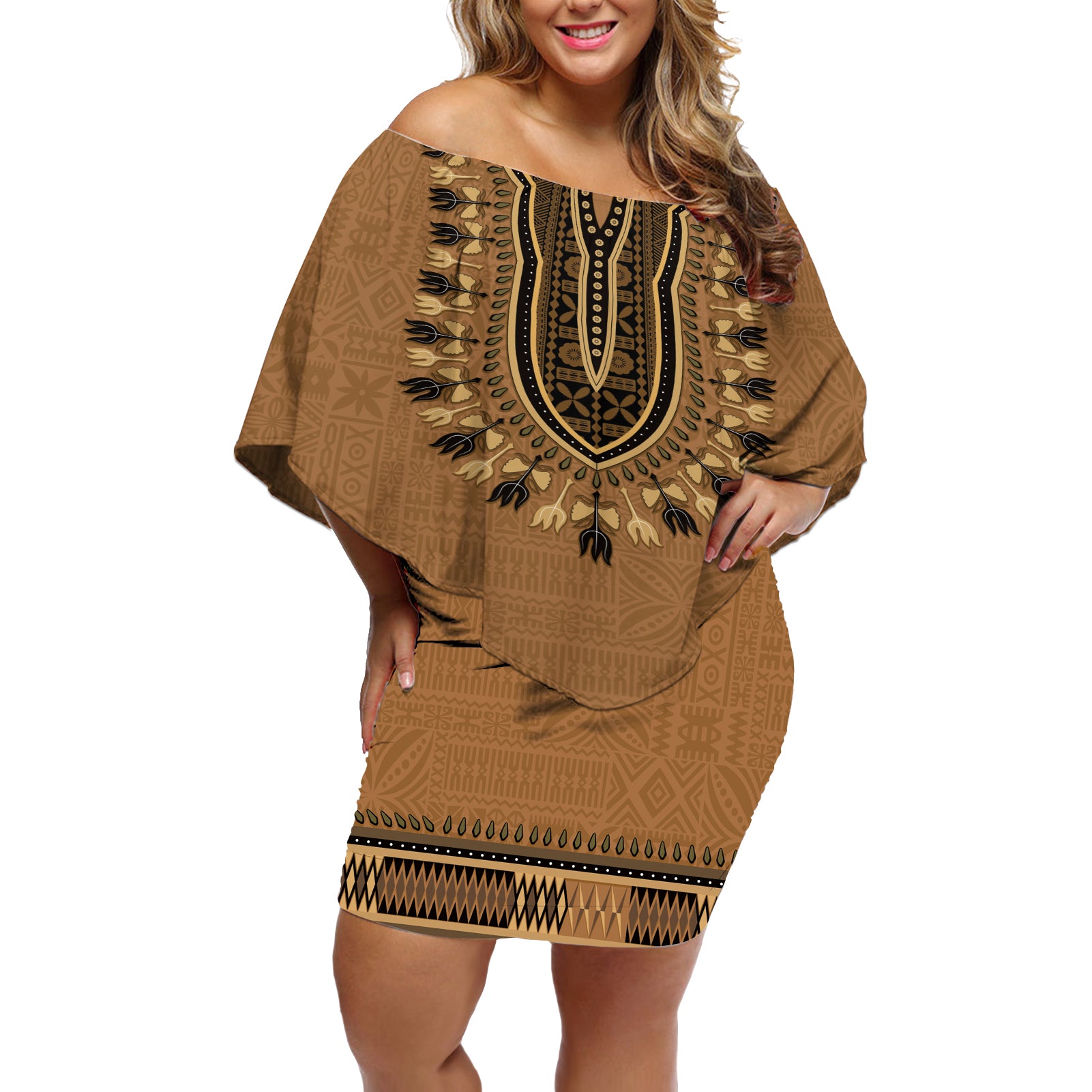 Brown African Dashiki With Fijian Tapa Pattern Off Shoulder Short Dress