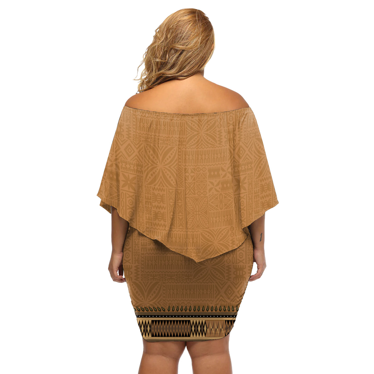 Brown African Dashiki With Fijian Tapa Pattern Off Shoulder Short Dress