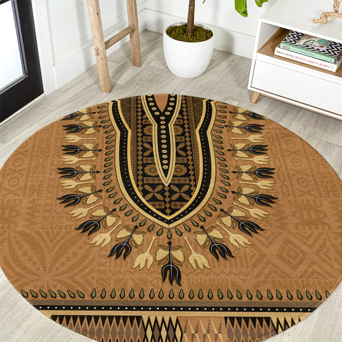 Brown African Dashiki With Fijian Tapa Pattern Round Carpet