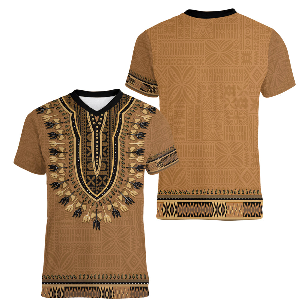 Brown African Dashiki With Fijian Tapa Pattern Women V-Neck T-Shirt