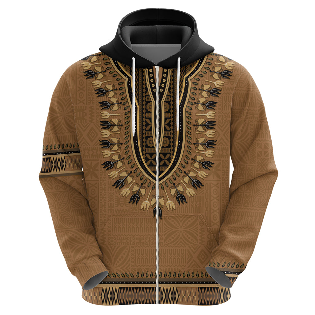Brown African Dashiki With Fijian Tapa Pattern Zip Hoodie