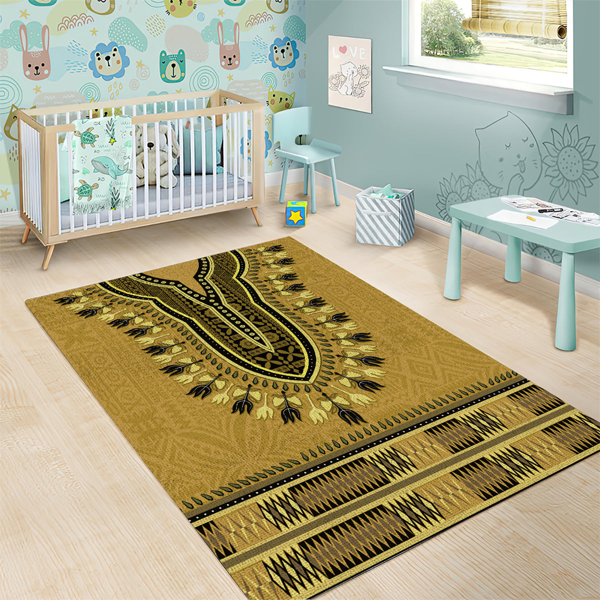 Gold African Dashiki With Fijian Tapa Pattern Area Rug