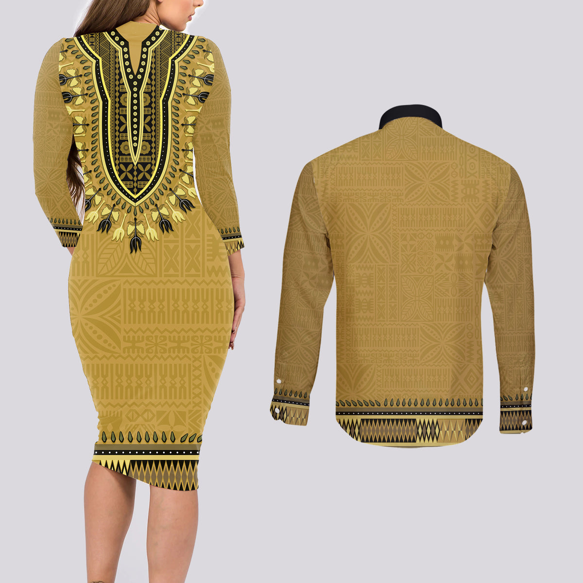 Gold African Dashiki With Fijian Tapa Pattern Couples Matching Long Sleeve Bodycon Dress and Long Sleeve Button Shirt