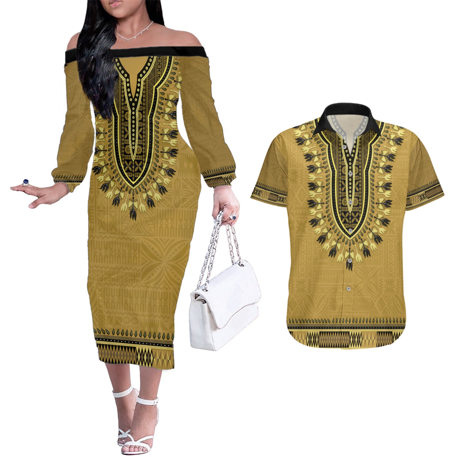 Gold African Dashiki With Fijian Tapa Pattern Couples Matching Off The Shoulder Long Sleeve Dress and Hawaiian Shirt