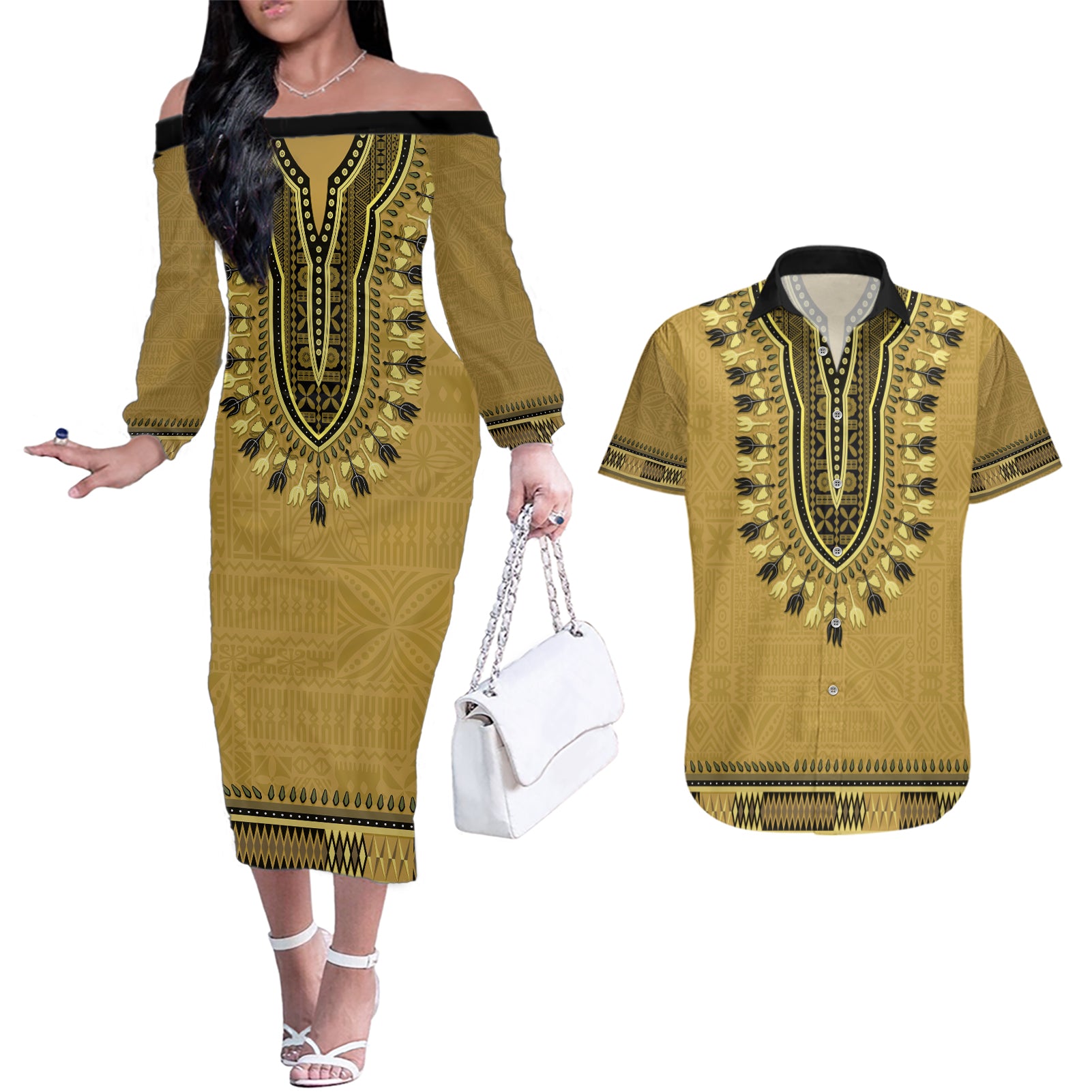 Gold African Dashiki With Fijian Tapa Pattern Couples Matching Off The Shoulder Long Sleeve Dress and Hawaiian Shirt