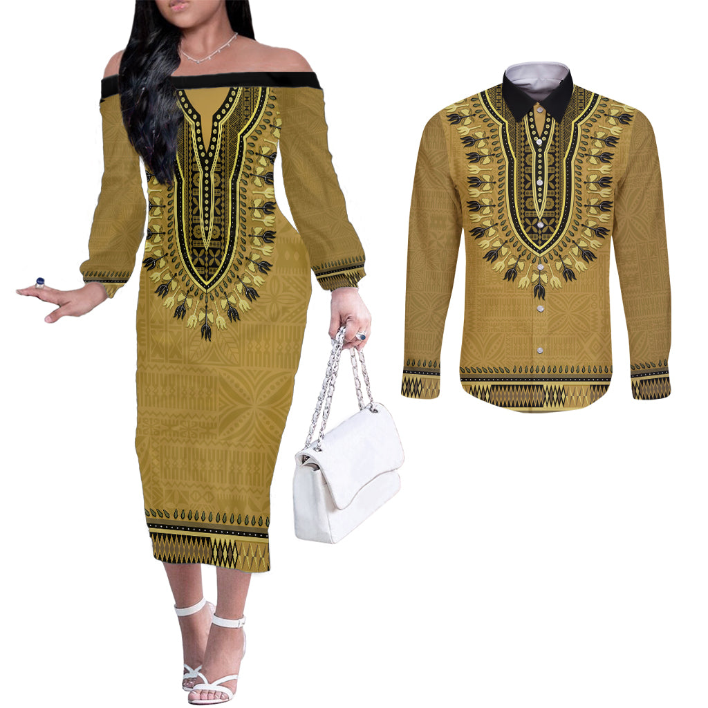 Gold African Dashiki With Fijian Tapa Pattern Couples Matching Off The Shoulder Long Sleeve Dress and Long Sleeve Button Shirt