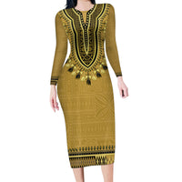 Gold African Dashiki With Fijian Tapa Pattern Family Matching Long Sleeve Bodycon Dress and Hawaiian Shirt