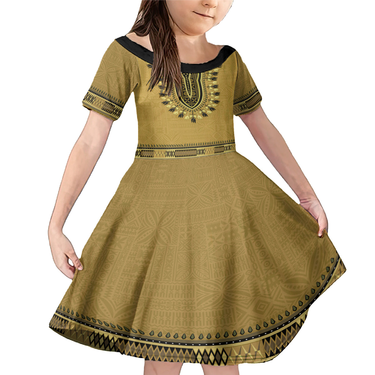 Gold African Dashiki With Fijian Tapa Pattern Family Matching Mermaid Dress and Hawaiian Shirt LT14 Daughter's Dress Gold - Polynesian Pride