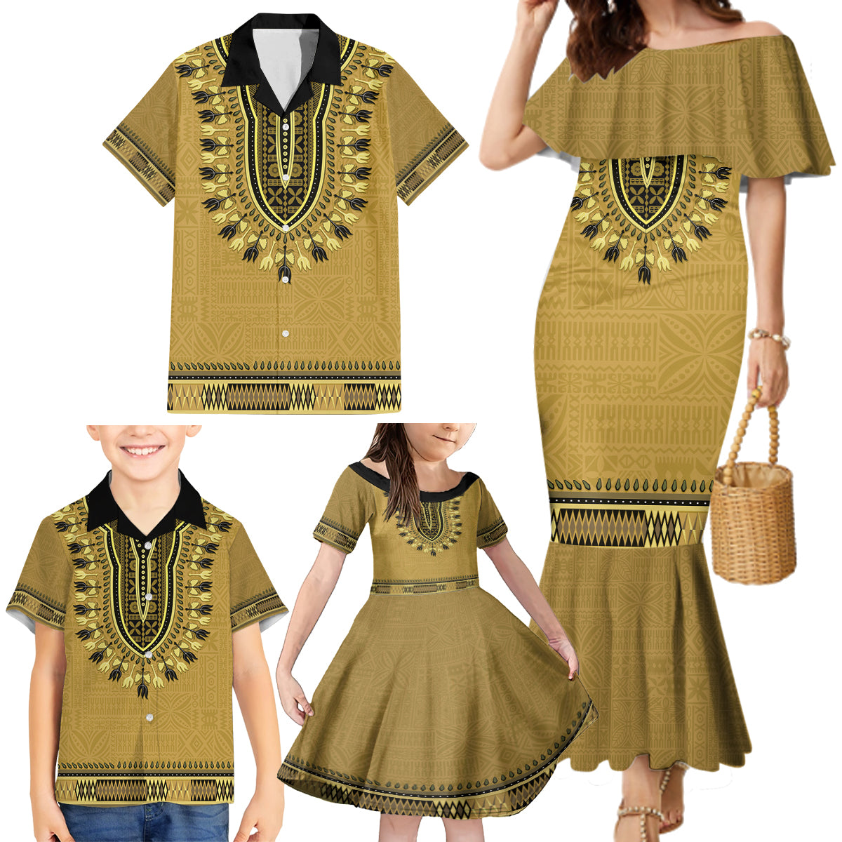 Gold African Dashiki With Fijian Tapa Pattern Family Matching Mermaid Dress and Hawaiian Shirt LT14 - Polynesian Pride