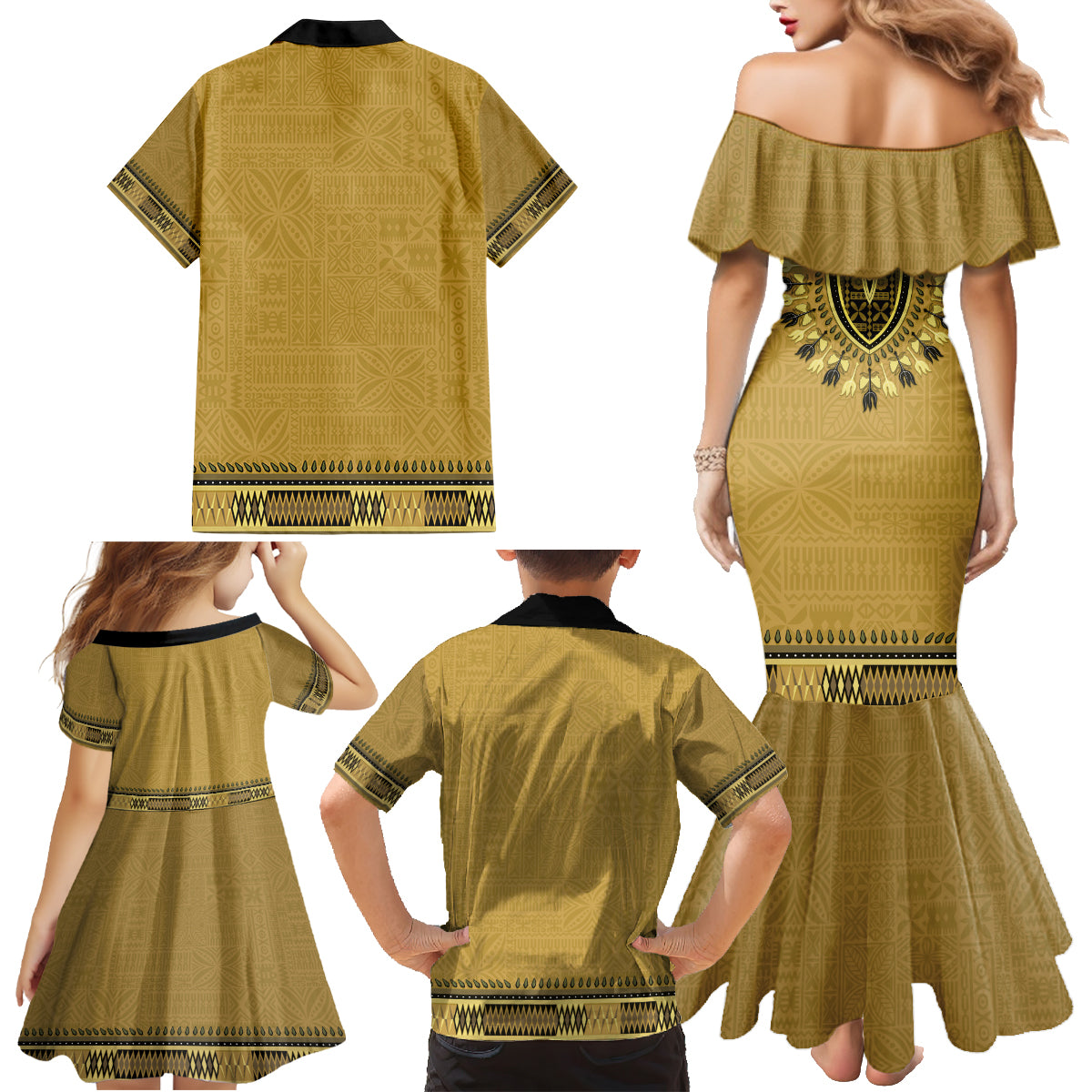 Gold African Dashiki With Fijian Tapa Pattern Family Matching Mermaid Dress and Hawaiian Shirt LT14 - Polynesian Pride