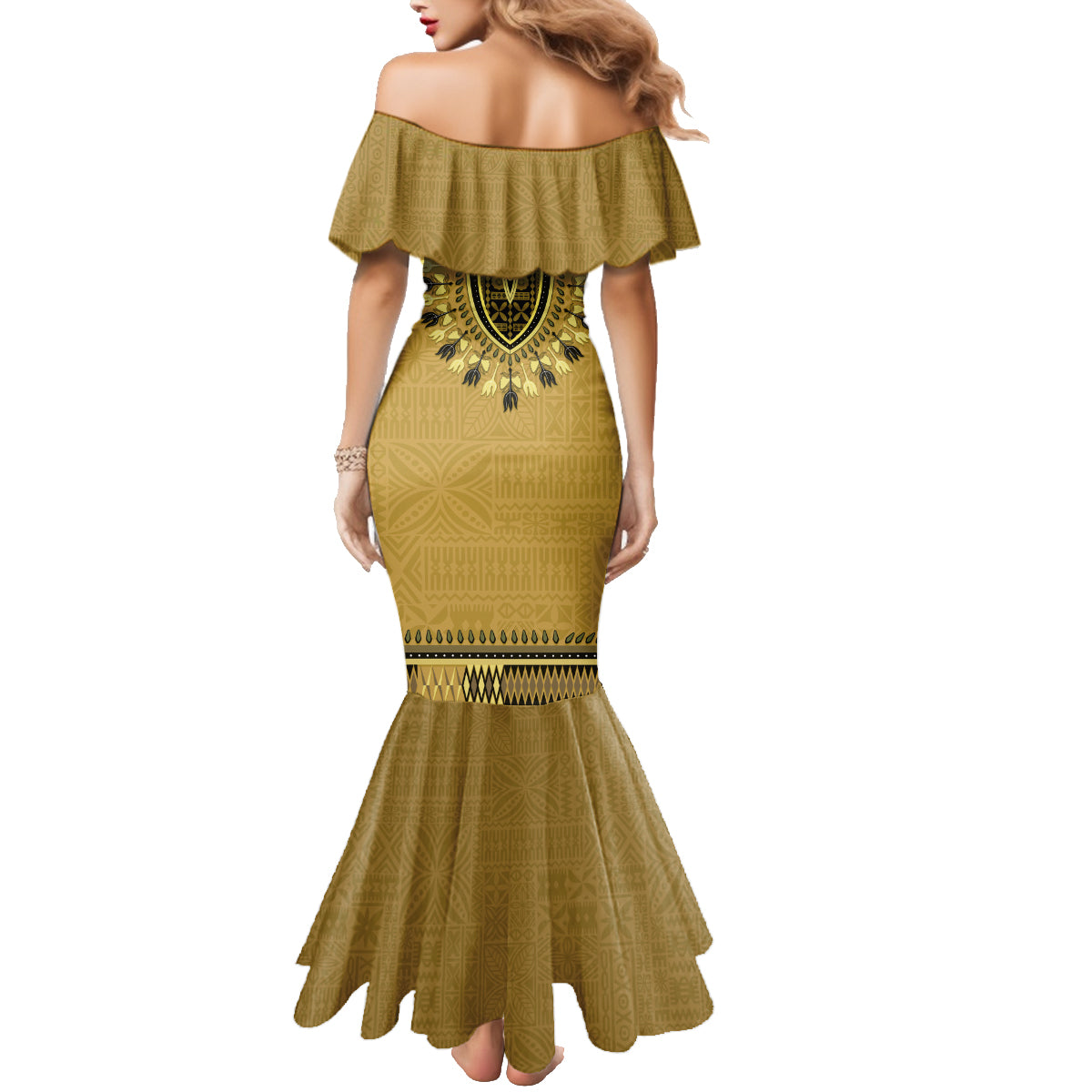 Gold African Dashiki With Fijian Tapa Pattern Family Matching Mermaid Dress and Hawaiian Shirt LT14 - Polynesian Pride