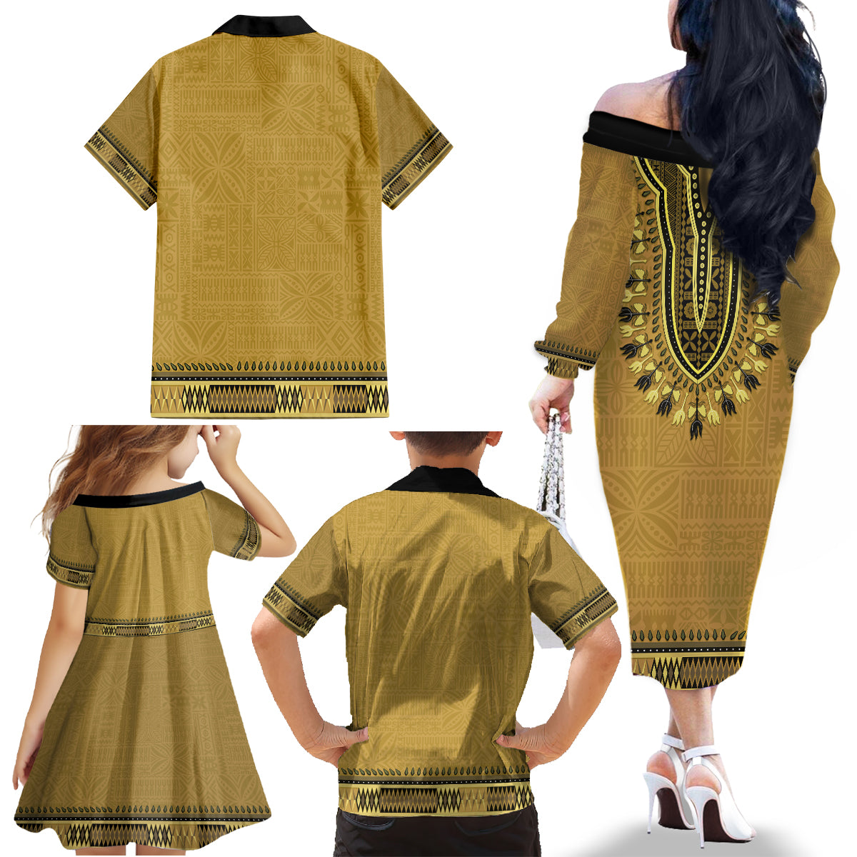 Gold African Dashiki With Fijian Tapa Pattern Family Matching Off The Shoulder Long Sleeve Dress and Hawaiian Shirt