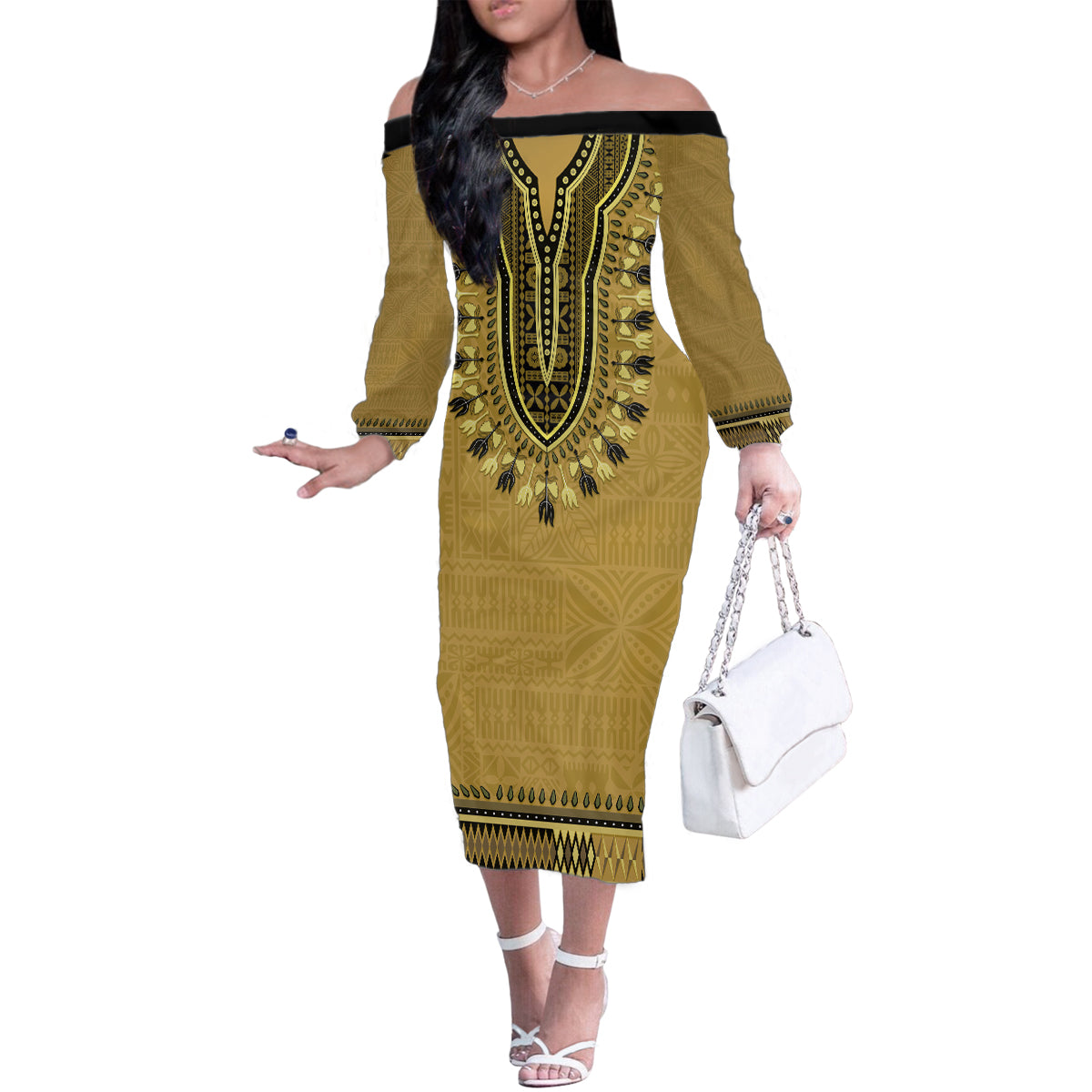 Gold African Dashiki With Fijian Tapa Pattern Family Matching Off The Shoulder Long Sleeve Dress and Hawaiian Shirt