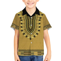 Gold African Dashiki With Fijian Tapa Pattern Family Matching Off The Shoulder Long Sleeve Dress and Hawaiian Shirt