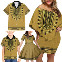 Gold African Dashiki With Fijian Tapa Pattern Family Matching Off Shoulder Short Dress and Hawaiian Shirt LT14 - Polynesian Pride