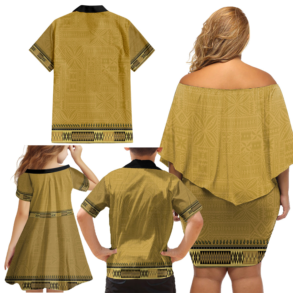 Gold African Dashiki With Fijian Tapa Pattern Family Matching Off Shoulder Short Dress and Hawaiian Shirt LT14 - Polynesian Pride