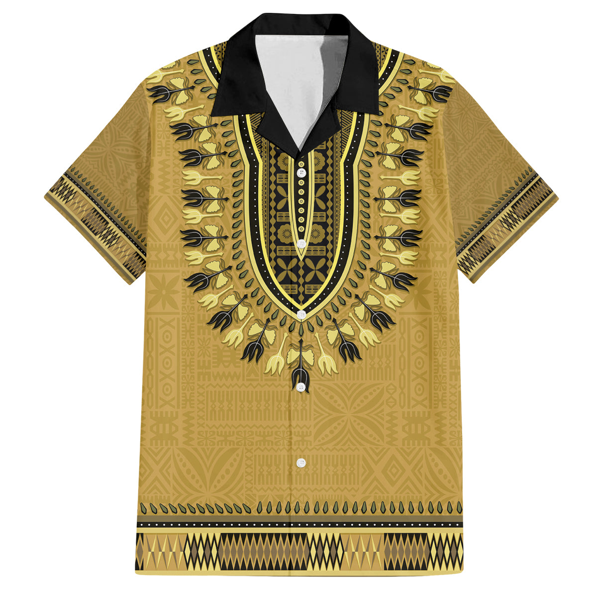Gold African Dashiki With Fijian Tapa Pattern Family Matching Off Shoulder Short Dress and Hawaiian Shirt LT14 Dad's Shirt - Short Sleeve Gold - Polynesian Pride