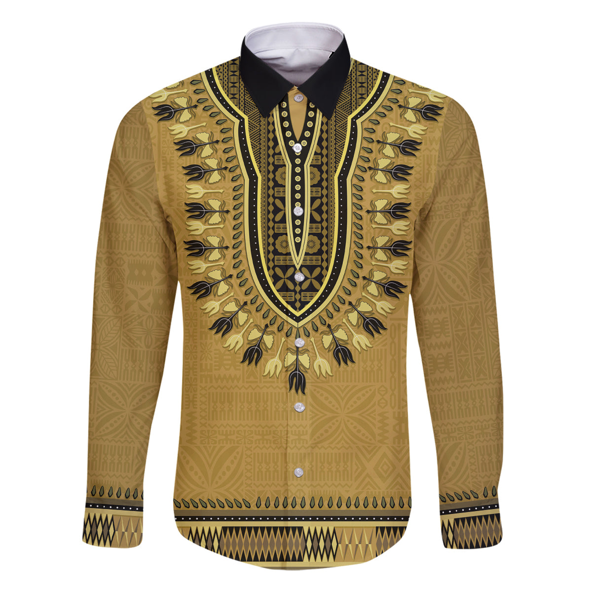 Gold African Dashiki With Fijian Tapa Pattern Family Matching Off Shoulder Short Dress and Hawaiian Shirt LT14 Dad's Shirt - Long Sleeve Gold - Polynesian Pride
