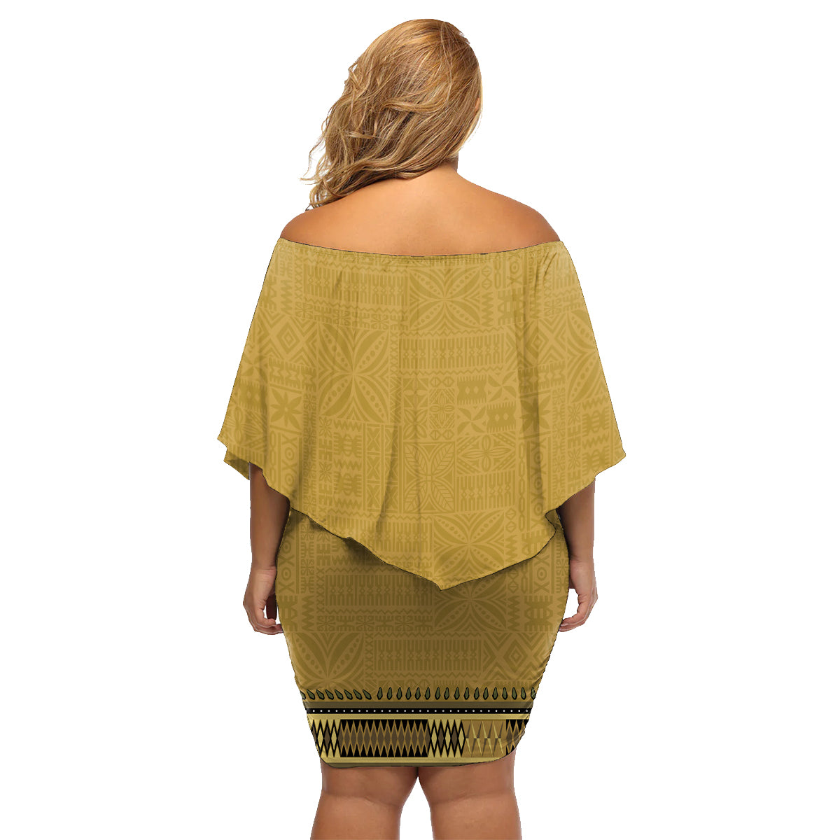 Gold African Dashiki With Fijian Tapa Pattern Family Matching Off Shoulder Short Dress and Hawaiian Shirt LT14 - Polynesian Pride