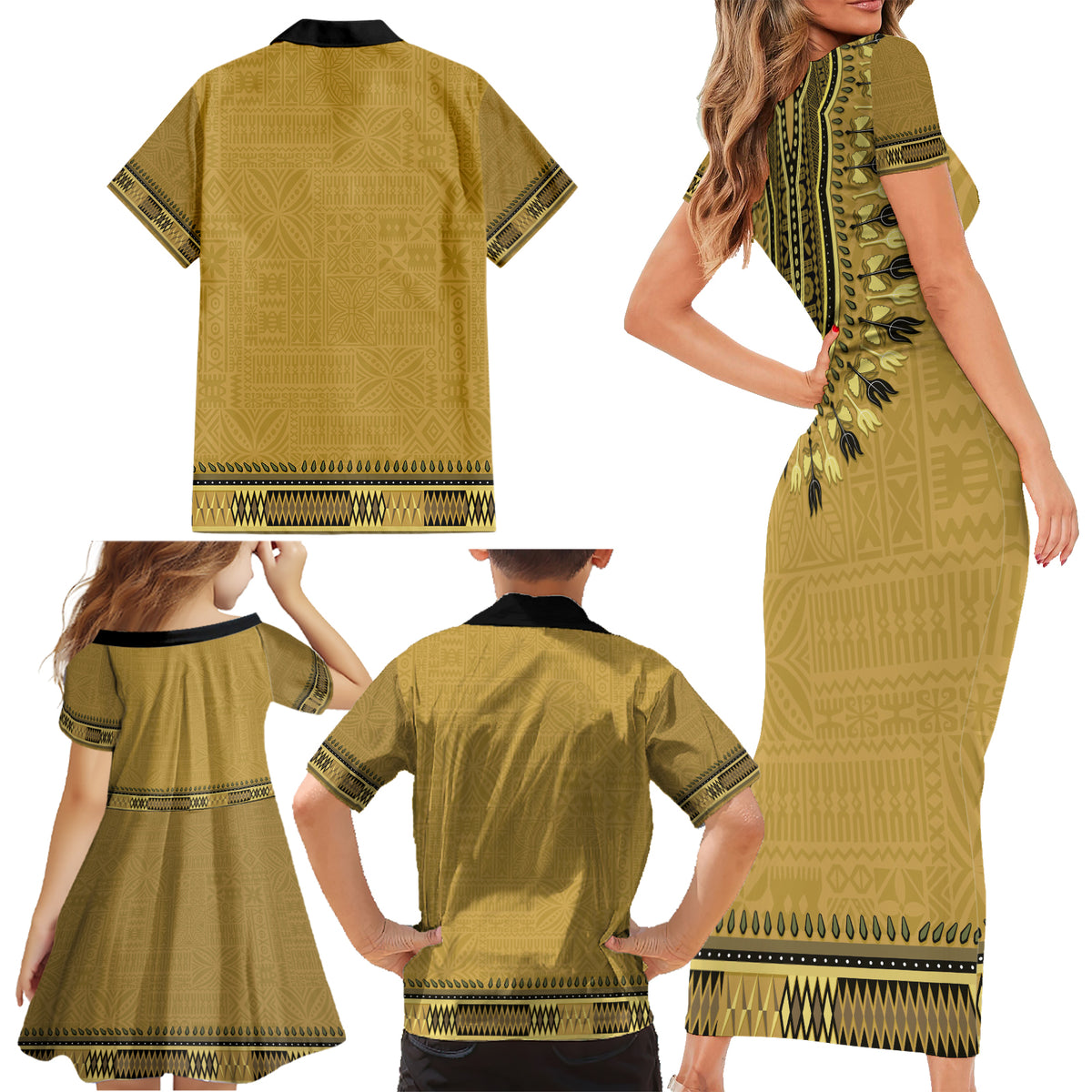 Gold African Dashiki With Fijian Tapa Pattern Family Matching Short Sleeve Bodycon Dress and Hawaiian Shirt