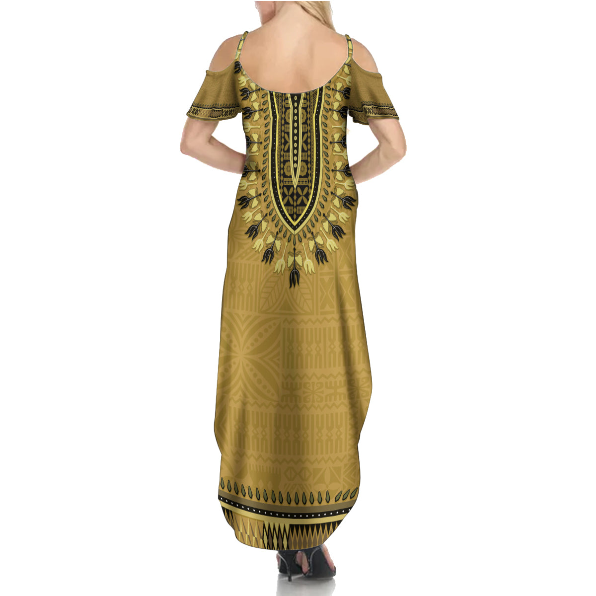 Gold African Dashiki With Fijian Tapa Pattern Family Matching Summer Maxi Dress and Hawaiian Shirt
