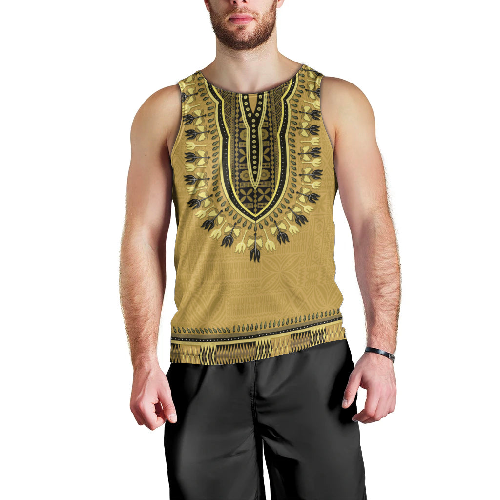 Gold African Dashiki With Fijian Tapa Pattern Men Tank Top