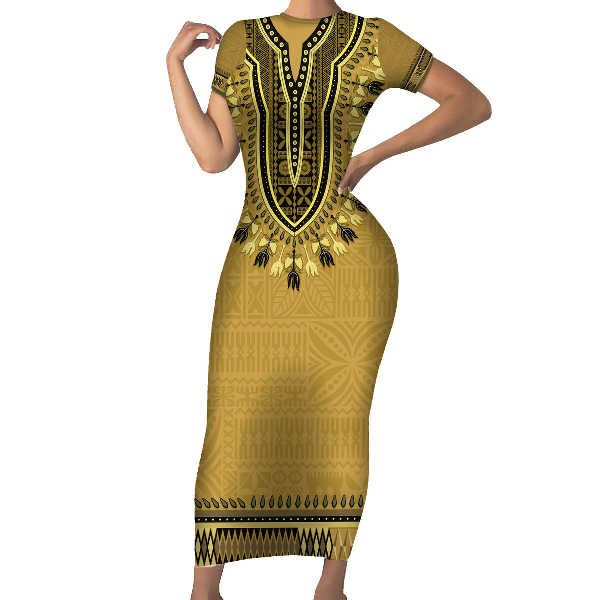 Gold African Dashiki With Fijian Tapa Pattern Short Sleeve Bodycon Dress